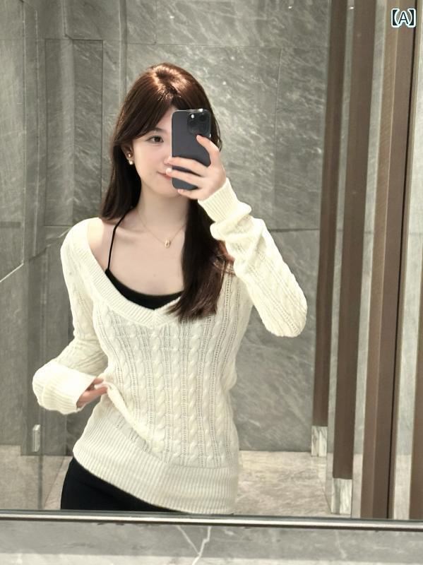 V-Neck - ブリティッシュ Vネック セーター 長袖 ツイスト ストライプ 秋冬 トップス ニット ボーダー 韓国 おしゃれ かわいい ホワイト