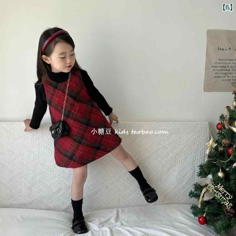 女の子 キッズ 赤 チェック 柄 ウール ベスト ドレス 秋冬 クリスマス パッド 誕生日 おしゃれ かわいい 大人っぽい ブラック