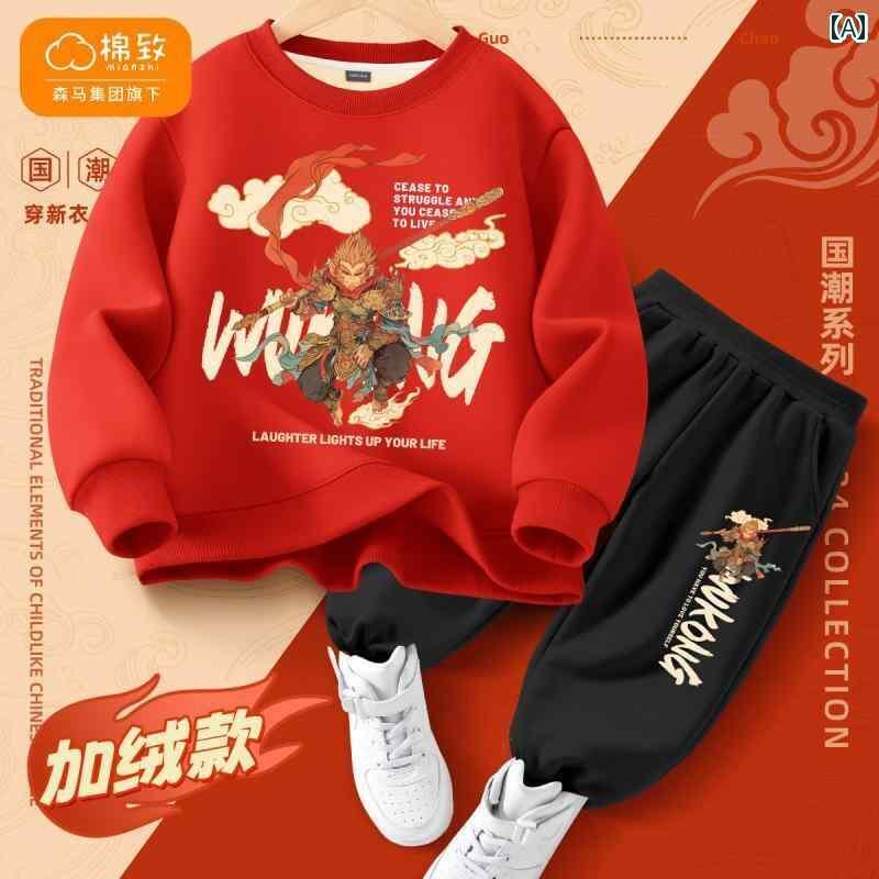 綿 男の子 キッズ 冬 スーツ プラスベルベット 暖かい オール イン ワン 2025 黒 神話 悟 空 子供 新年..