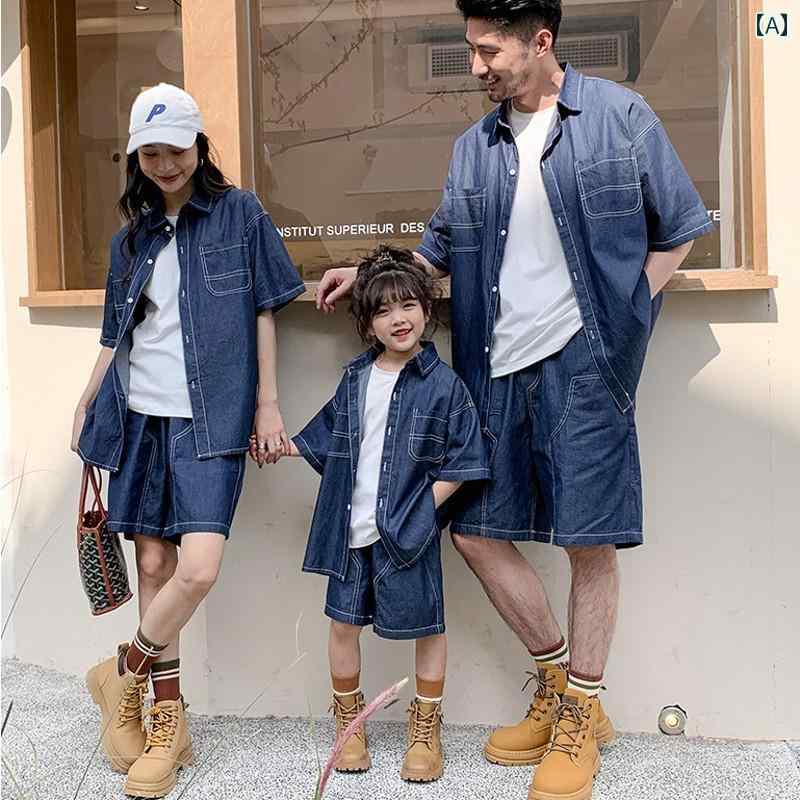 親子の服装 3人または4人家族 父と息子 母と娘 薄手 デニムスーツ カップル セットアップ シャツ ハーフパンツ