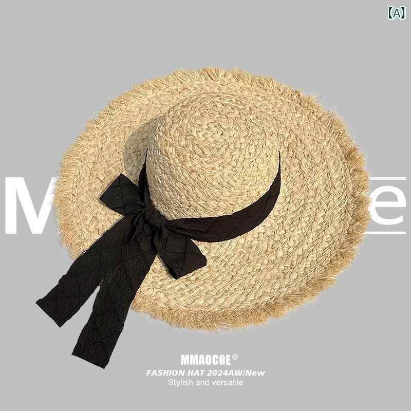 つば広 女性用 ラフィア 麦わら 帽子 夏 リボン 旅行 ビーチ 休暇 日焼け防止 日よけ ホワイト かわいい おしゃれ レディース