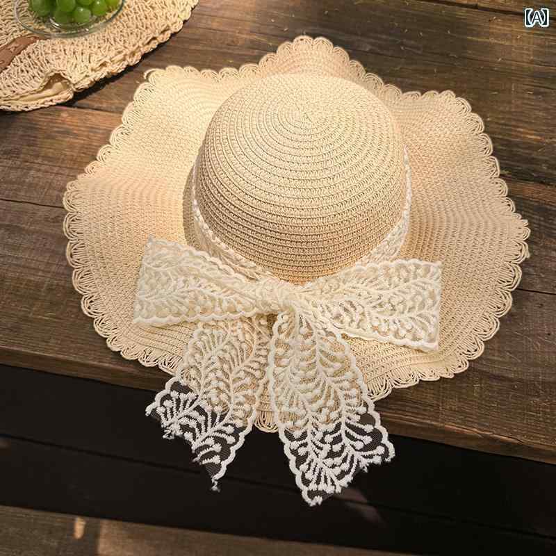 波とレースついた 草帽 女性用 夏 ビーチ ビーチ 日よけ 編み つば広 フレンチスタイル 帽子 リボン かわいい