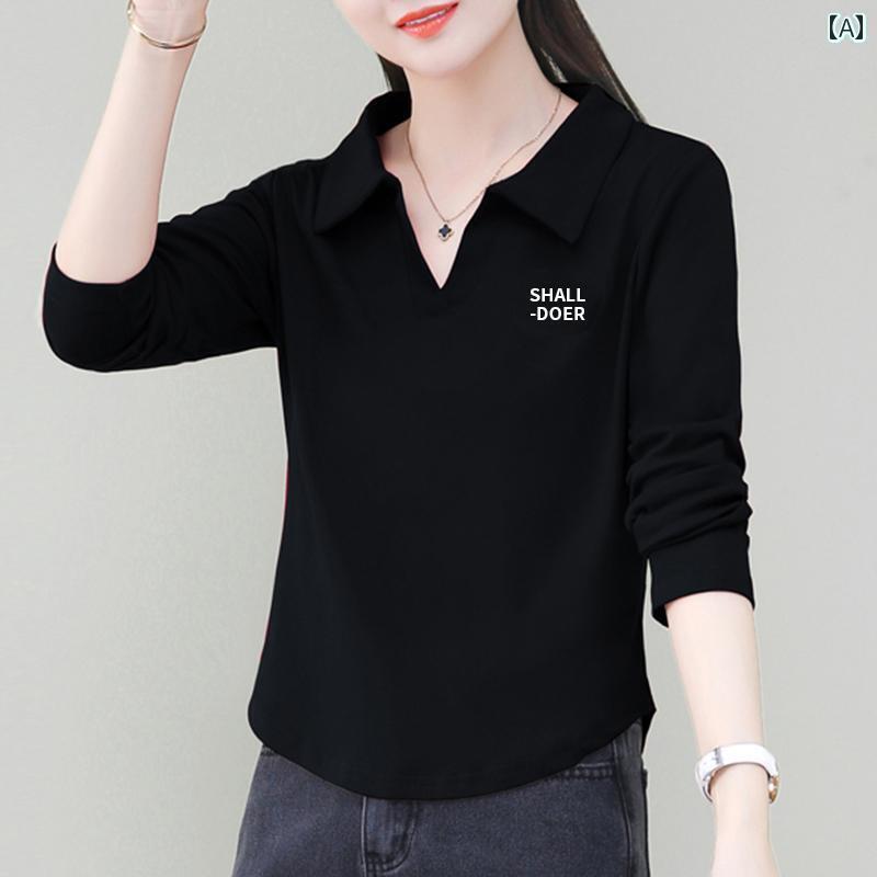 春秋シーズン 女性用 レディース 長袖Tシャツ 襟付き 短丈 小柄用トップス 洋風 ポロシャツ カットソー シンプル