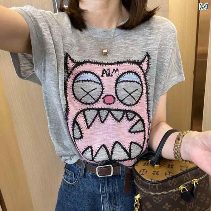 登场人物 - 涼しい クール 快適 薄手 レディース 半袖 Tシャツ 2025 夏 ゆったり トップス 小さい キャラクター カジュアル パープル