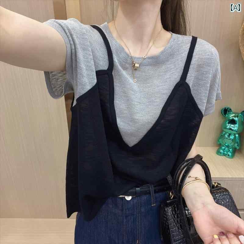 サスペンダー フェイクツーピース 重ね着風 ニット 涼しい クール 快適 半袖 Tシャツ レディース 2025 夏 ルーズ スリムトップス