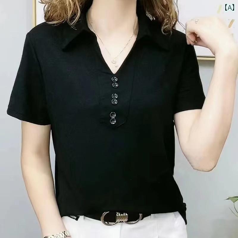 Rakuten - 2025年 夏 綿 半袖 Tシャツ レディース Vネック ショート トップス 小 年齢 減らす コットン 無地 シンプル カジュアル