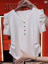 ユニーク 半袖 Tシャツ 女性 夏 Vネック ニッチ トップス パフショルダー かわいい ラウンド シンプル レディース ホワイト(4)