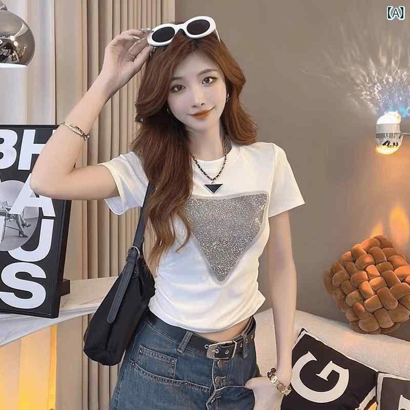 ストレート ショルダー 半袖 Tシャツ レディース 夏 薄手 2025 スリムフィット トップス プリント カジュアル ラウンドネック