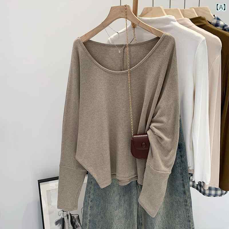 カウンター 撤退 ビッグ カット ラベル レディース 服 バット Tシャツ 秋 スモール スリム ロングスリーブ トップス 無地 シンプル