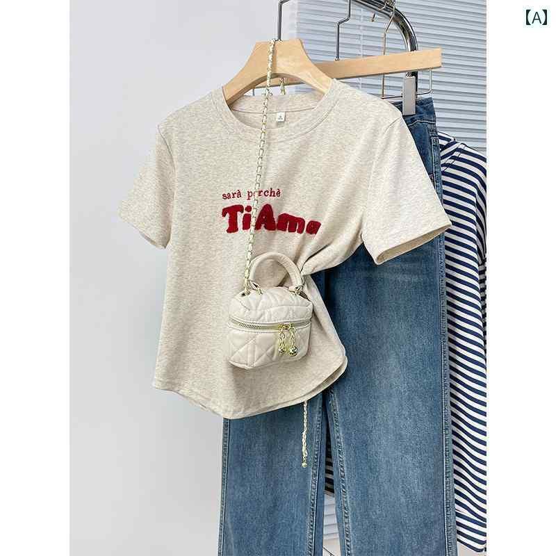 夏 文字 刺繍 半袖 カーブ 裾 スリム ショート Tシャツ ゆったり 多用途 やや 太めの スリムトップス レディース カジュアル