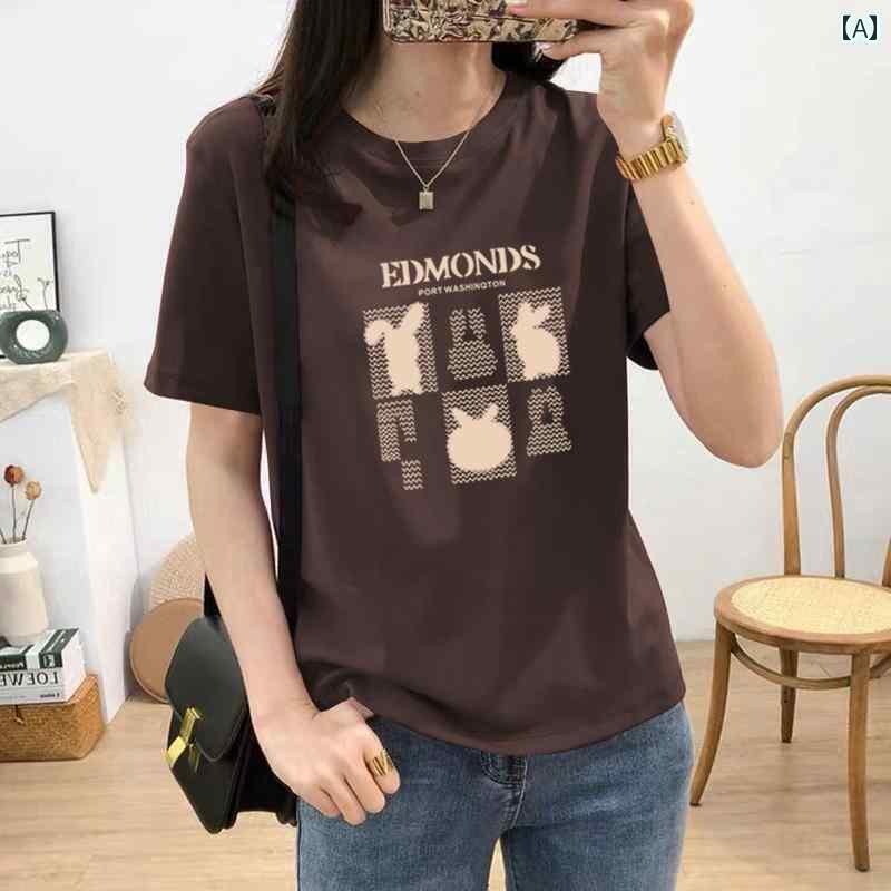 女性用 綿 半袖 Tシャツ 薄手 夏用 韓国 ゆったり 肩の ラウンドネック レディース トップス 多用途 プリント キャラクター