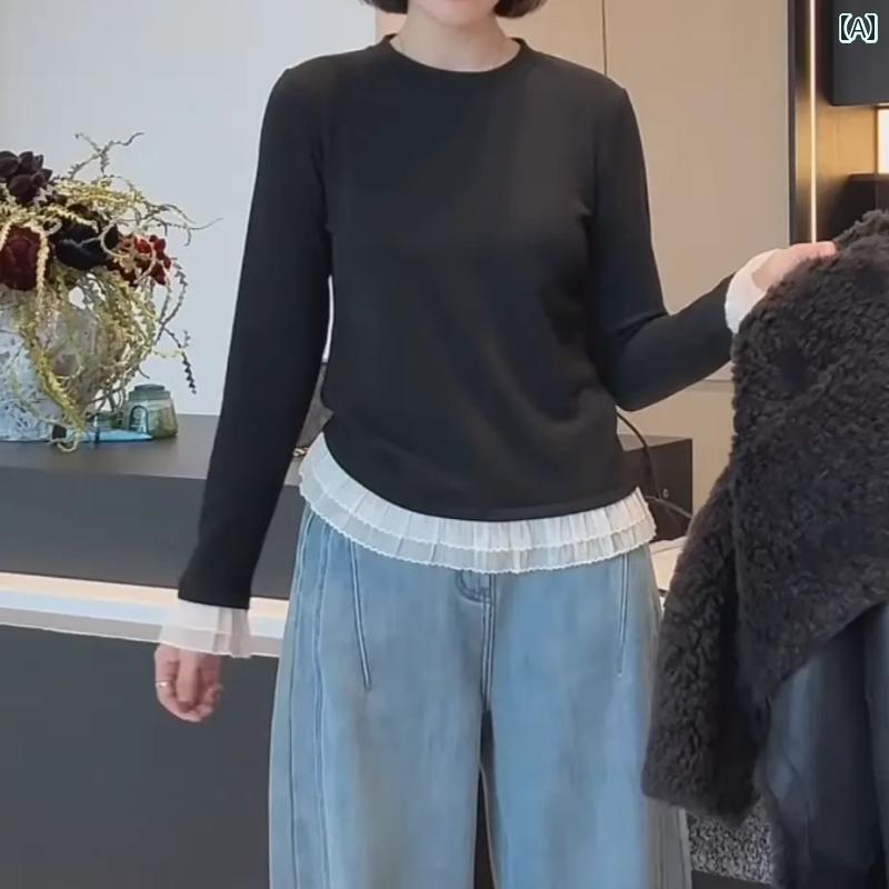 大きいサイズ レース テッチ ラウンドネック ボトム レディース 2025 グレー 長袖 Tシャツ スリム プラスベルベット 暖かい トップ
