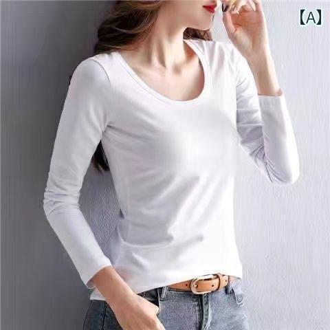 Other - 女性用 綿 長袖 高 伸縮性 多用途 イン スリミング アウターウェア Tシャツ ホワイト トップス 無地 シンプル カジュアル