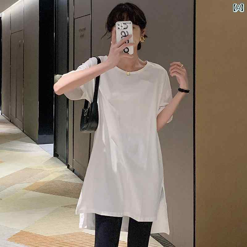 Garments - 体型カバー 細見えコットン 夏 ゆったり ロング スタイル ルームウェア 無地 ラウンドネック 半袖 Tシャツ レディース シンプル