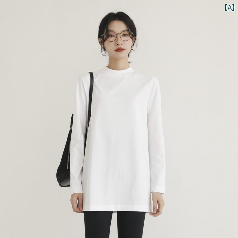 お尻まで 覆う ロング Tシャツ 綿 小さめの スタンドカラー 長袖 ミドル丈の 襟 ゆったり スリム 重ね着 ボトム トップス