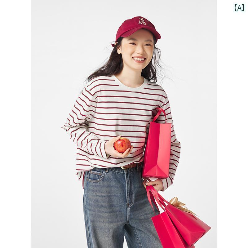 2025 春 レディース ベーシック 万能 ストライプ 長袖 Tシャツ ラウンドネック ゆったり トップス ボーダー カジュアル