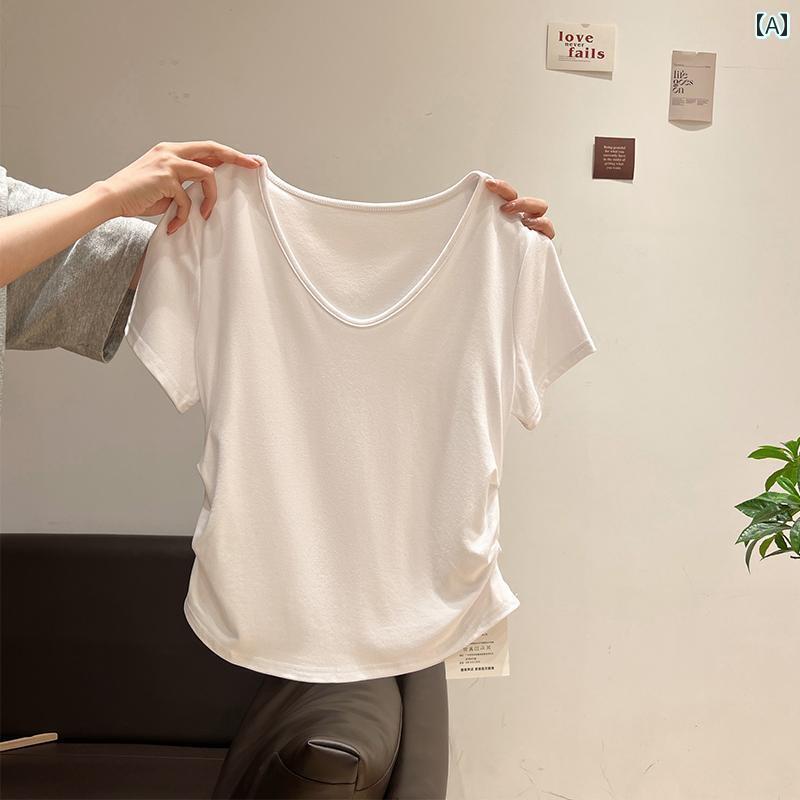 夏 女性用 ホワイト ローネック 鎖骨 肩 半袖 Tシャツ 小さめ 甘い 女の子 プリーツ ウエスト ショート トップ 無地 シンプル