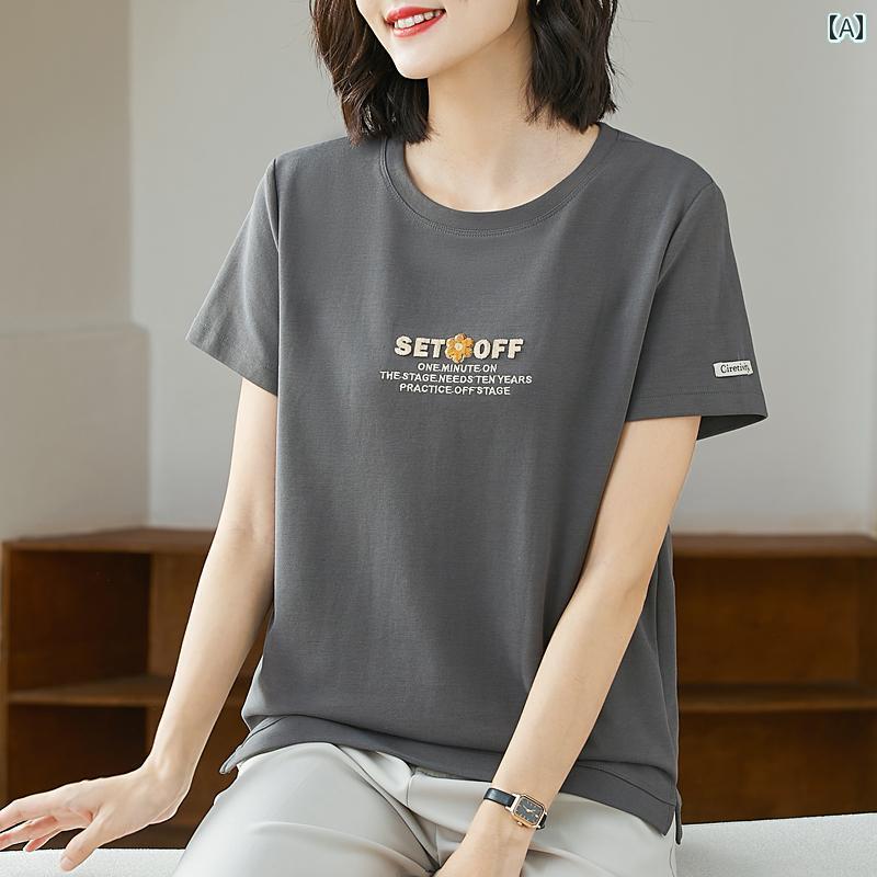 Three-Quarter - フロント ショルダー 半袖 Tシャツ年 夏 おしゃれ ルーズ トップ レディース 風 年齢 引き下げ ワンポイント カジュアル シンプル