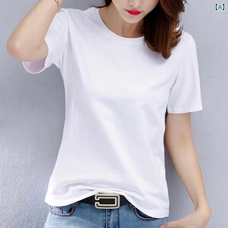 T-Shirts （Long-Sleeved） - 綿 ホワイト 半袖 Tシャツ レディース ゆったり 夏 無地 ボトム レディーストップス コットン シンプル カジュアル かわいい