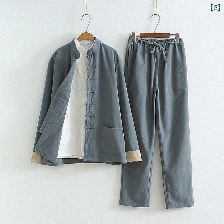 チャイナ風 春秋 スーツ 綿 麻の 唐 メンズ スリーピー 中国 ボタン 付き 漢服 レトロ 仏教 ティー 無地 シンプル