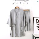 夏 日本の 着物 人工 綿 半袖 ショーツ パジャマ メンズ レディースの アンティーク ルームウェア 韓服 クロス カラー ツーピー スーツ