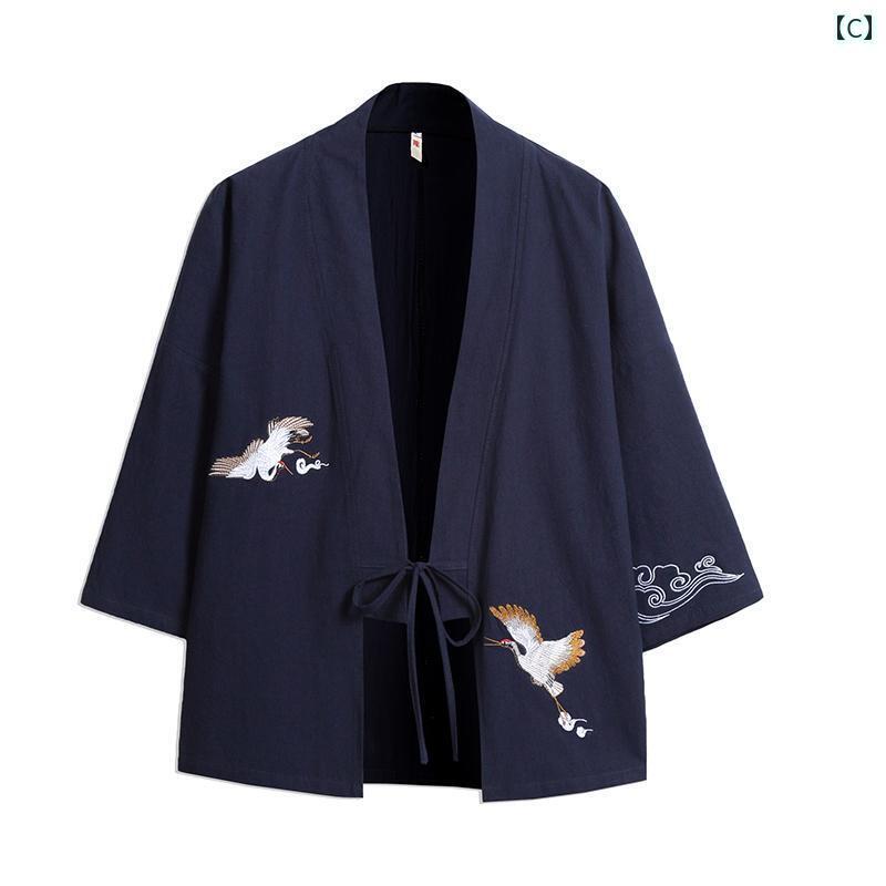 チャイナ風 アウター スーツ メンズ 漢服 和風 鶴 ローブ 着物 リネン 浮世 絵 2点 セット 無地 シンプル モダン