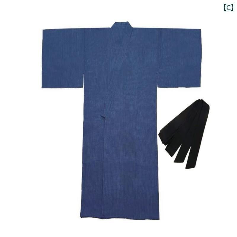日本の 伝統的な 着物 男性の 浴衣 サムライ ローブ バスローブ サウナ スーツ 写真 服 綿 リネン 通気性 グレー ブルー
