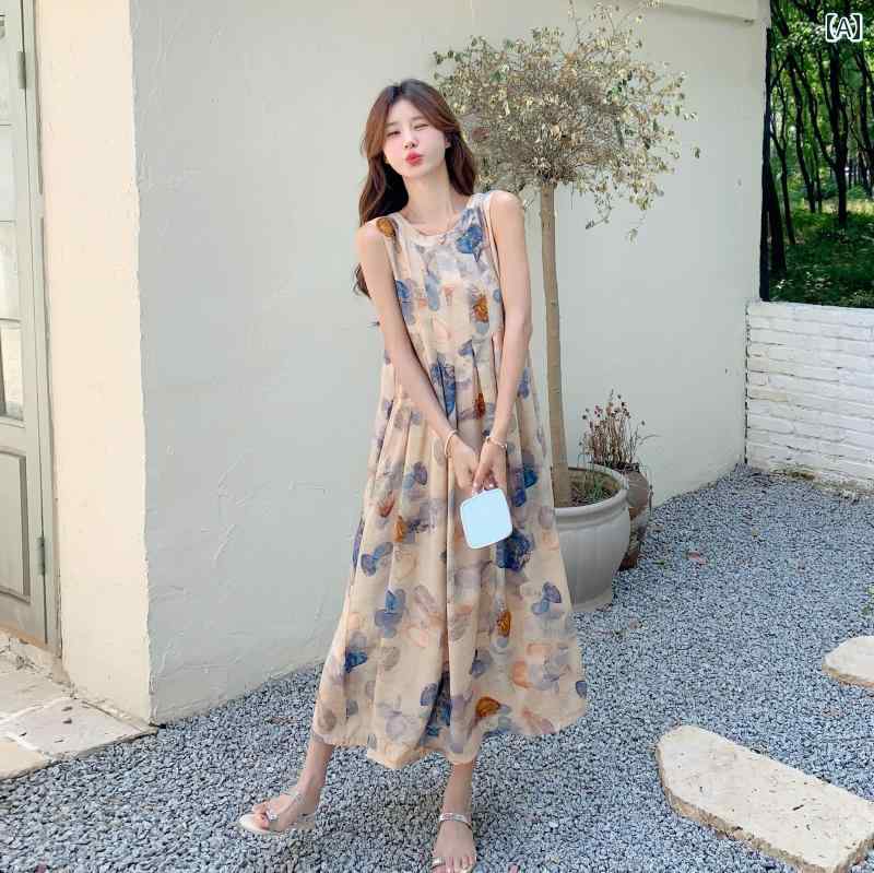 油絵 プリント ドレス 女性 2025 夏新 スタイル 美しい 格好良い ノースリーブベスト カジュアル おし..