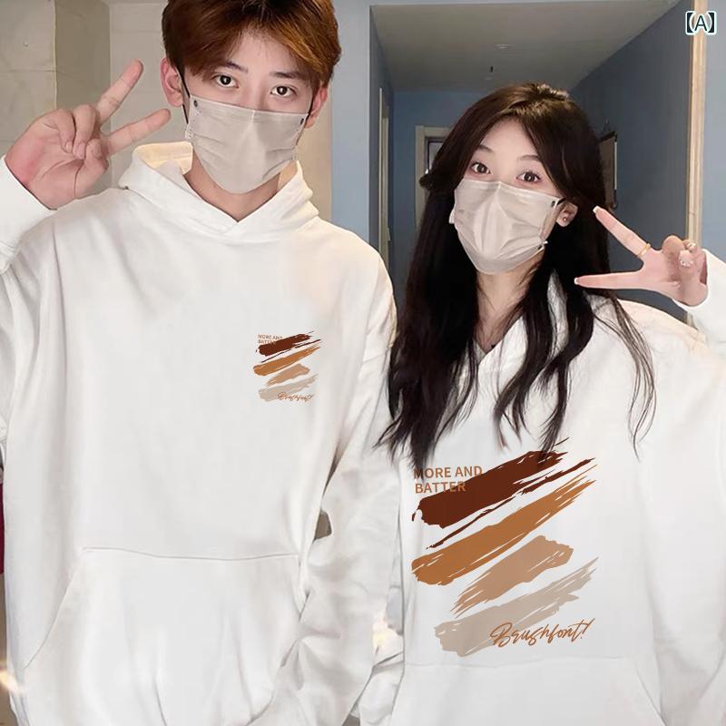 カップル スウェット フーディーパーカー付き トレーナー プルオーバープリント ペアルックお揃い