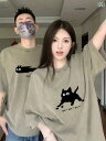 カップル Tシャツ 夏 半袖 黒猫 ねこプリント ビッグサイズ お揃いペアルック シンプル