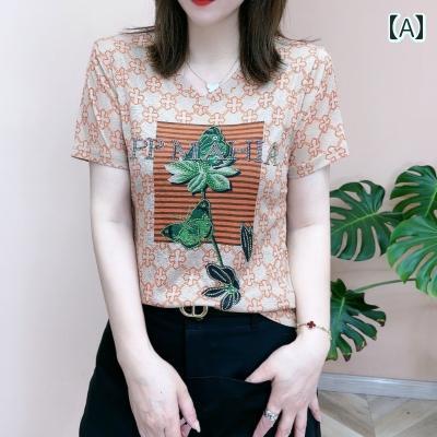 2025年 夏 綿 半袖 Tシャツ Vネック トップス おしゃれ 柄プリント フラワー