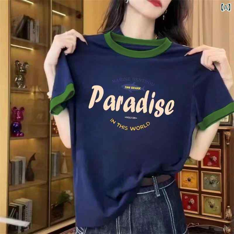 Print - コントラスト カラーのラウンドネック 半袖 Tシャツ レディース 2025年 夏 スリム プリントトップスネイビーグリーン