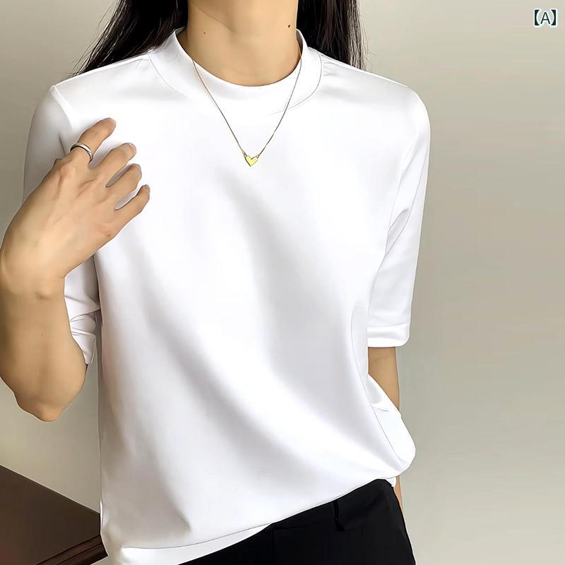 Rakuten - ミドル スリーブ Tシャツ レディース トップス 七分袖 綿 ハーフハイネック 無地シンプル