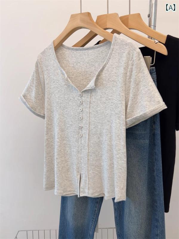 Vネック 半袖 Tシャツ レディース 2025 夏 商品 ゆったり 大きいサイズ ボタンデザイン