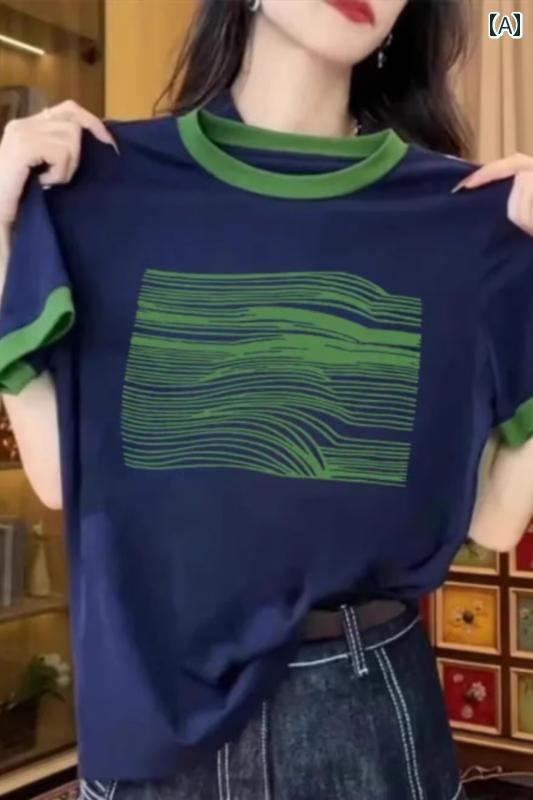 コントラスト カラーステッチ 半袖 Tシャツ レディース 2025 夏新 スタイル スリム ラウンドネック プリント パイピング ネイビーグリーンサイズ: 2XL M L XL