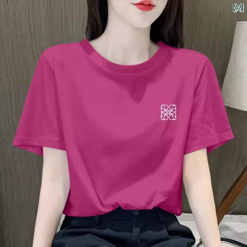 Three-Quarter - ローズレッド 半袖 レディース Tシャツ 2025 夏 ゆったり プリント トップス ワンポイント
