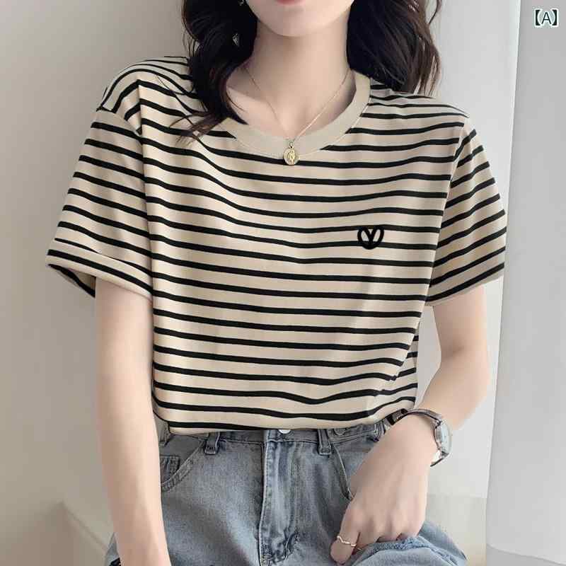 2025年 ショルダー ストライプ 綿 半袖 Tシャツ レディース ルーズ カジュアル トップス ボトムス 夏用 ボーダー