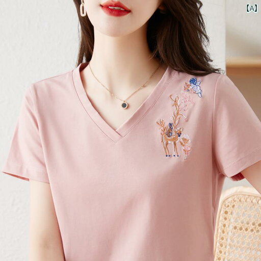 Vネック 半袖 Tシャツ レディース ピンク ボトム 2025 夏 ママ トップス シンプル カジュアル かわいい Vネック 半袖 Tシャツ レディース ピンク ボトム 2025 夏 ママ トップス シンプル カジュアル かわいい