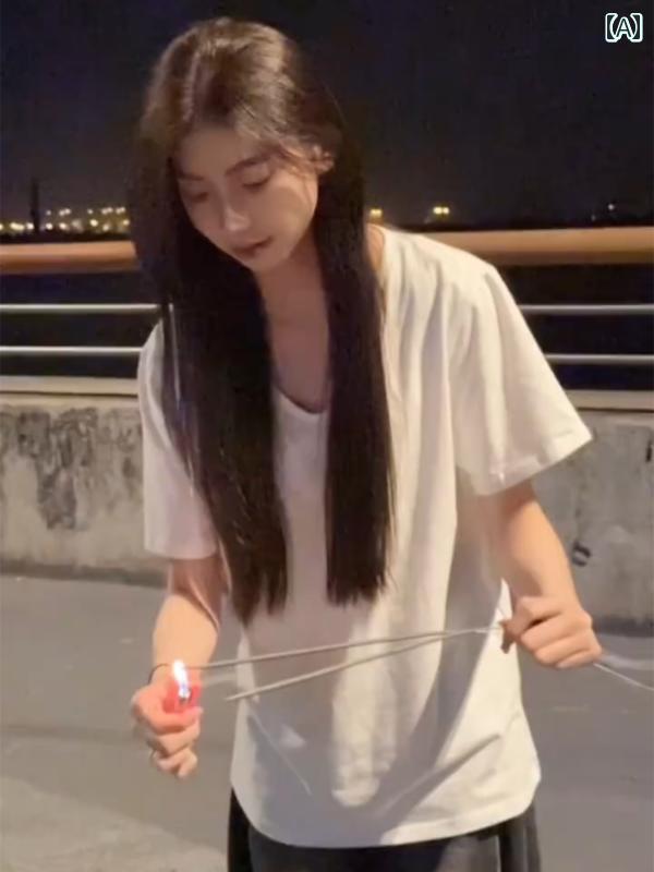 夏 綿 ストレート ショルダー Vネック ホワイト 半袖 Tシャツ ゆったり 多用途 ローネック スリムトップス 無地 シンプル