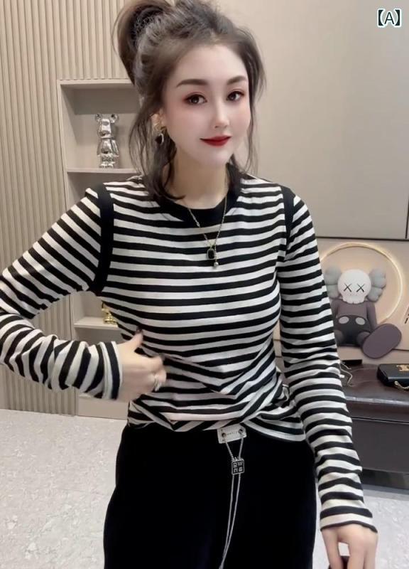 Long-Sleeved - 2025 春秋 ストライプ 綿 長袖 Tシャツ 女性 スリム ボトム トップス インナーウェア 婦人服 コットン ボーダー カジュアル