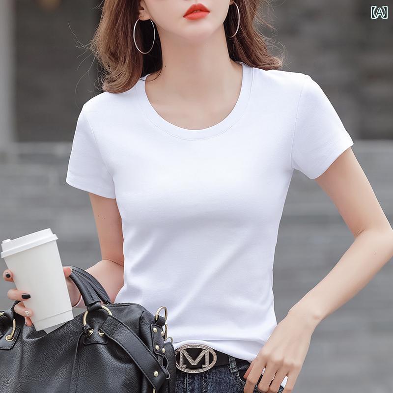 ホワイト 2025 半袖 Tシャツ レディース 春夏 韓国 綿 スリム ニッチ 無地 シンプル カジュアル ブラック