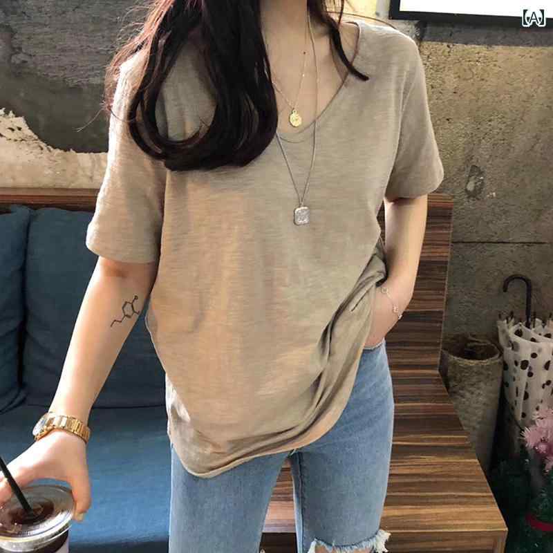 クラシック 夏 レトロ コットンリネン 竹 綿 Vネック トップ ルーズ スリム カーキ 半袖 Tシャツ レディース 無地 シンプル