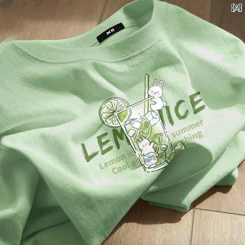 印花 - ミント マンボ スタイル 綿 ストレート ショルダー 半袖 Tシャツ レディース 2025 夏 ゆったり カジュアル プリント トップス