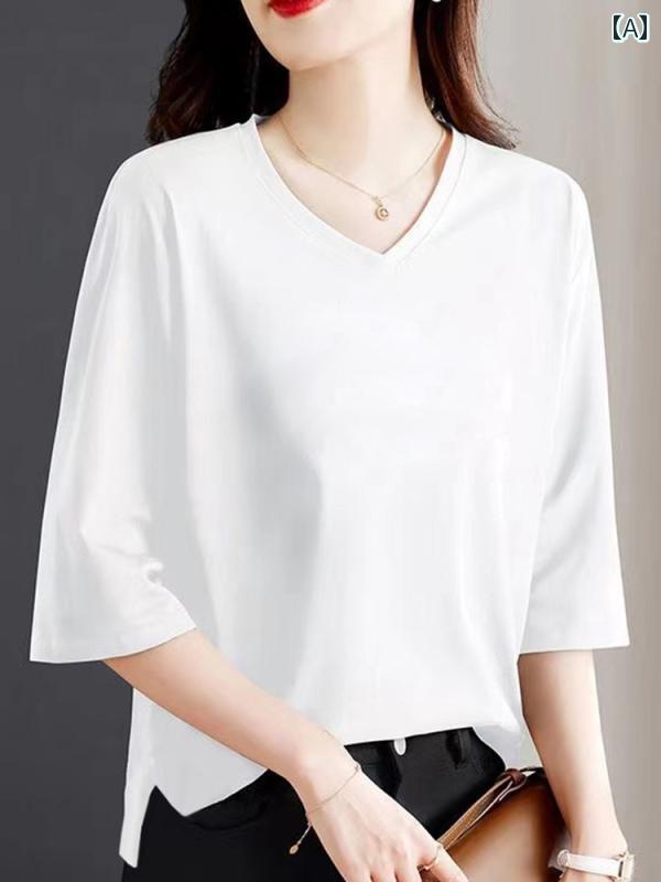 綿 七分袖 Tシャツ レディース 2025 夏 Vネック ゆったり 薄手 ミドル スリーブ 無地 カジュアル トップス シンプル