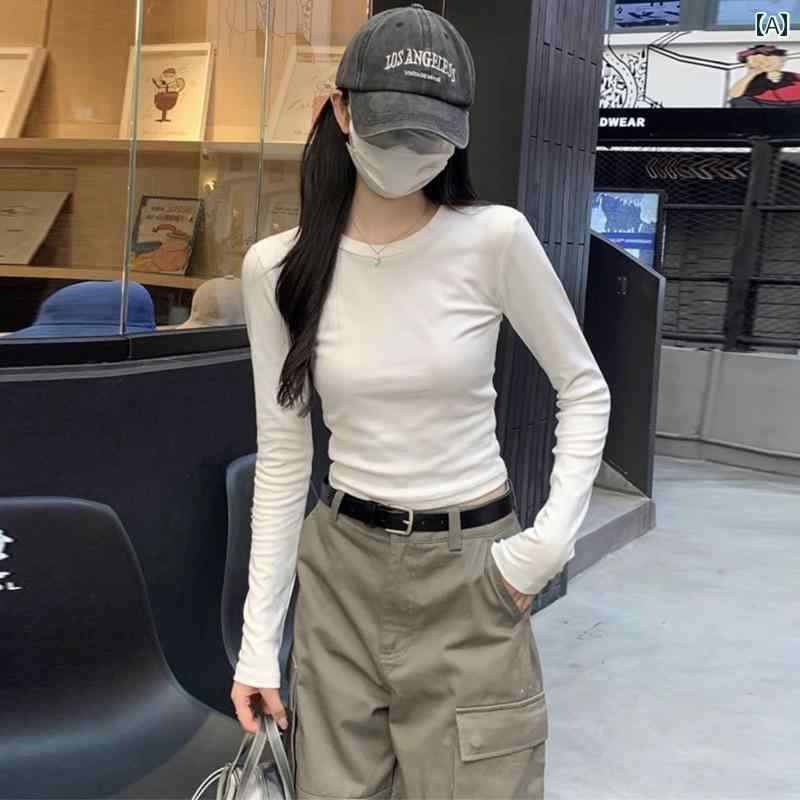 Rakuten - 白 長袖 Tシャツ レディース 2025年 春 新型 スリムフィット ショート ボトム トップス 無地 シンプル カジュアル