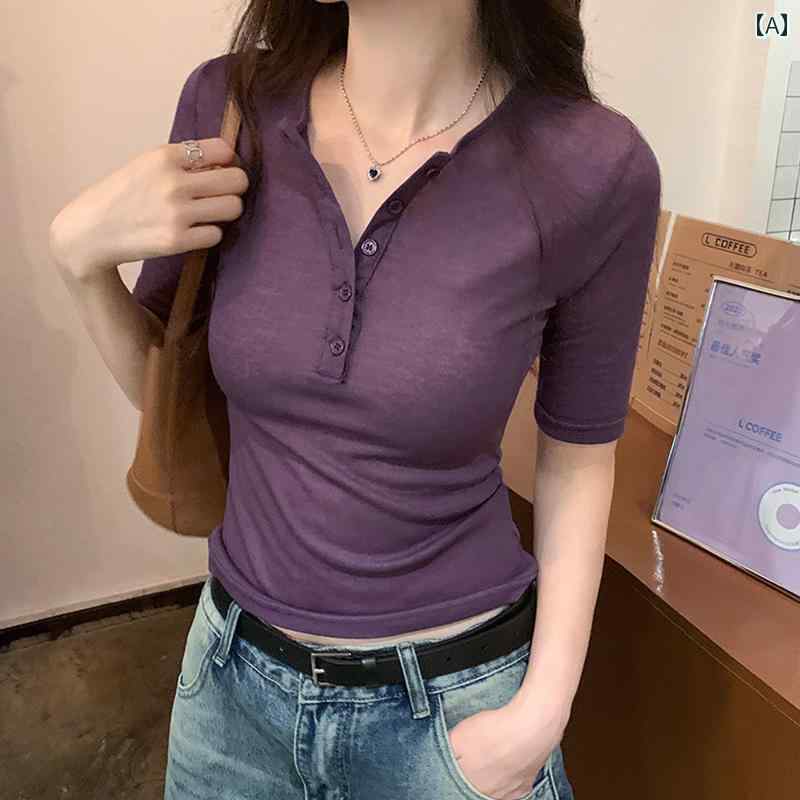 紫色 Vネック 半袖 Tシャツ 女性用 夏 2025 商品 スリムフィット ニット 豪華 トップス 無地 シンプル カジュアル(4.0)
