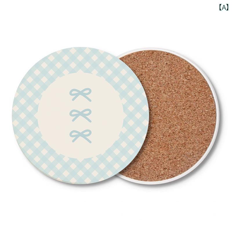 丸型 セラミック 吸水性 コースター 耐油 高温 断熱 チェック柄 かわいい リボン パステルカラー ポップ セット マカロンカラー