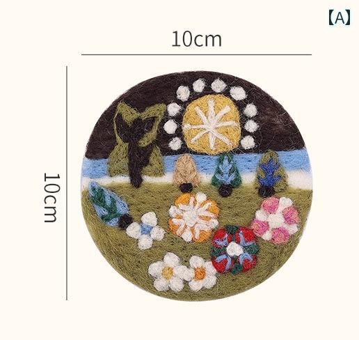 手作り ウールフェルトコースター 断熱マット 高温 耐性 カラフル 刺繍 羊 かわいい ハンドメイド ねこ..