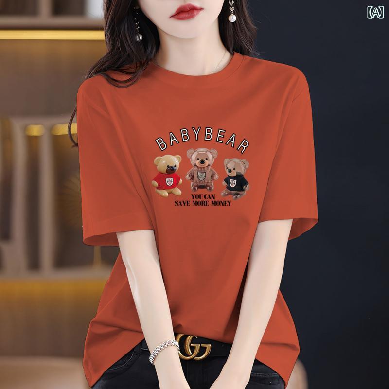 綿 赤 半袖 Tシャツ レディース 夏 ホット ゆったり カジュアル スリム 韓国 コットン カットソー プリント
