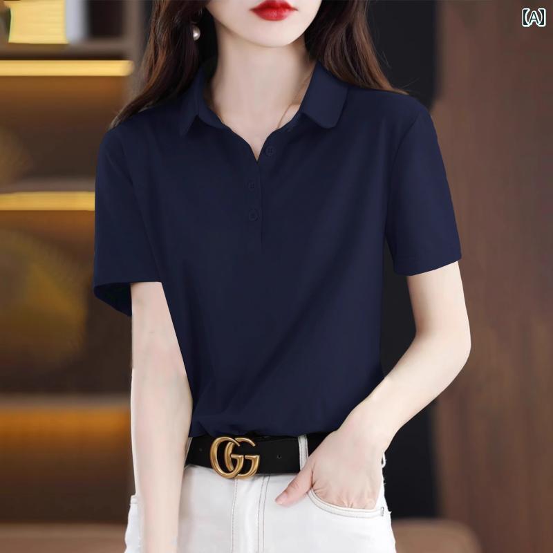 Three-Quarter - ネイビー 半袖 Tシャツ レディース 2025 春 大きいサイズ ゆったり カジュアル POLO プリント ラペル トップ